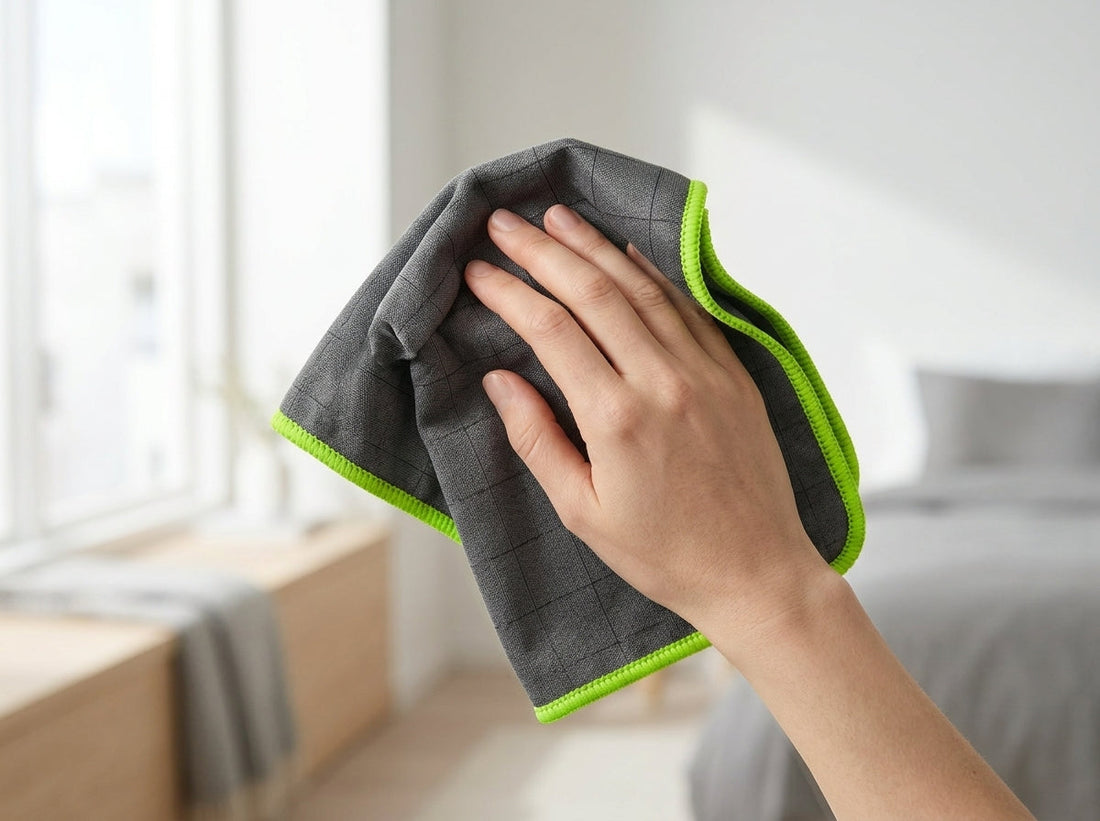 Chiffon microfibre carbone Clinns utilisé à sec sur une vitre, sans produit nettoyant