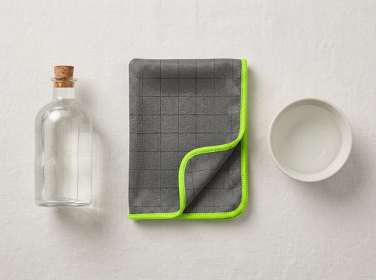 Bouteille de vinaigre blanc à côté d'un chiffon microfibre carbone Clinns et d'un bol d'eau claire